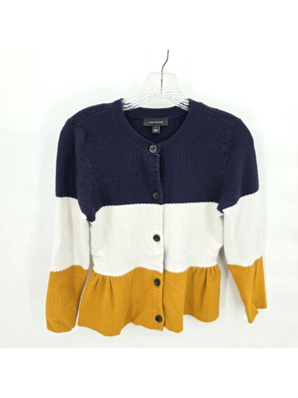 Ann Taylor Colorblock Peplum Cardigan Sweater Womens M Navy Mustard Yellow Top